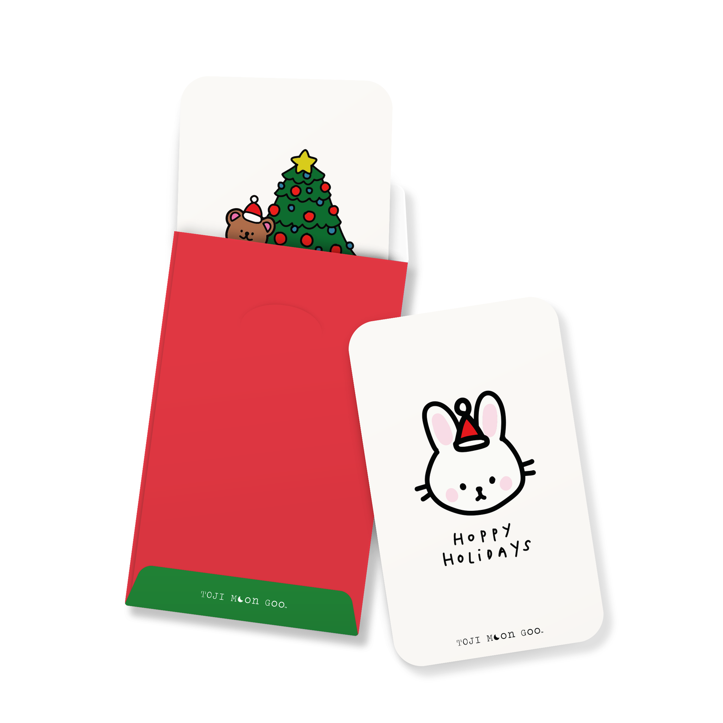 Mini white rectangle greeting cards with rounded edges, includes red and green pocket-sized envelope.